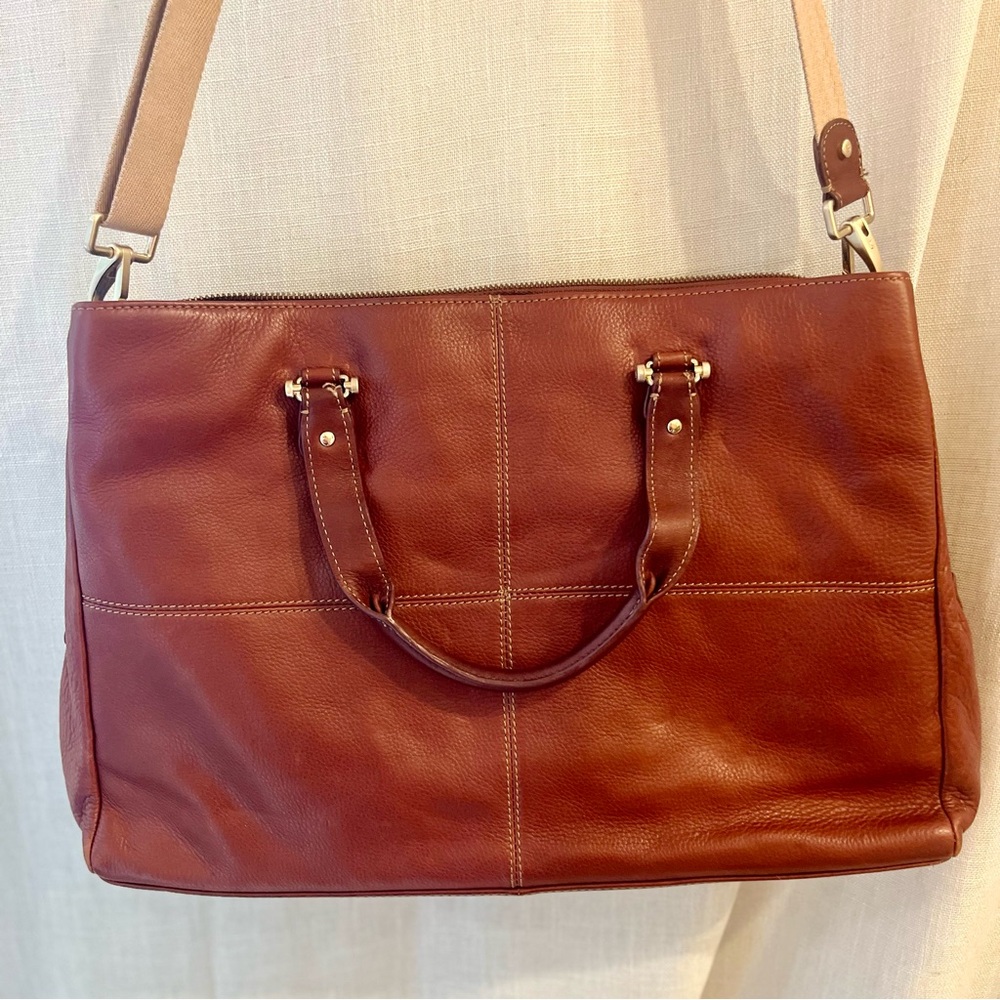 Cognac Genuine Leather Crossbody Satchel | Vintage Style Work Tote - Picture 7 of 12